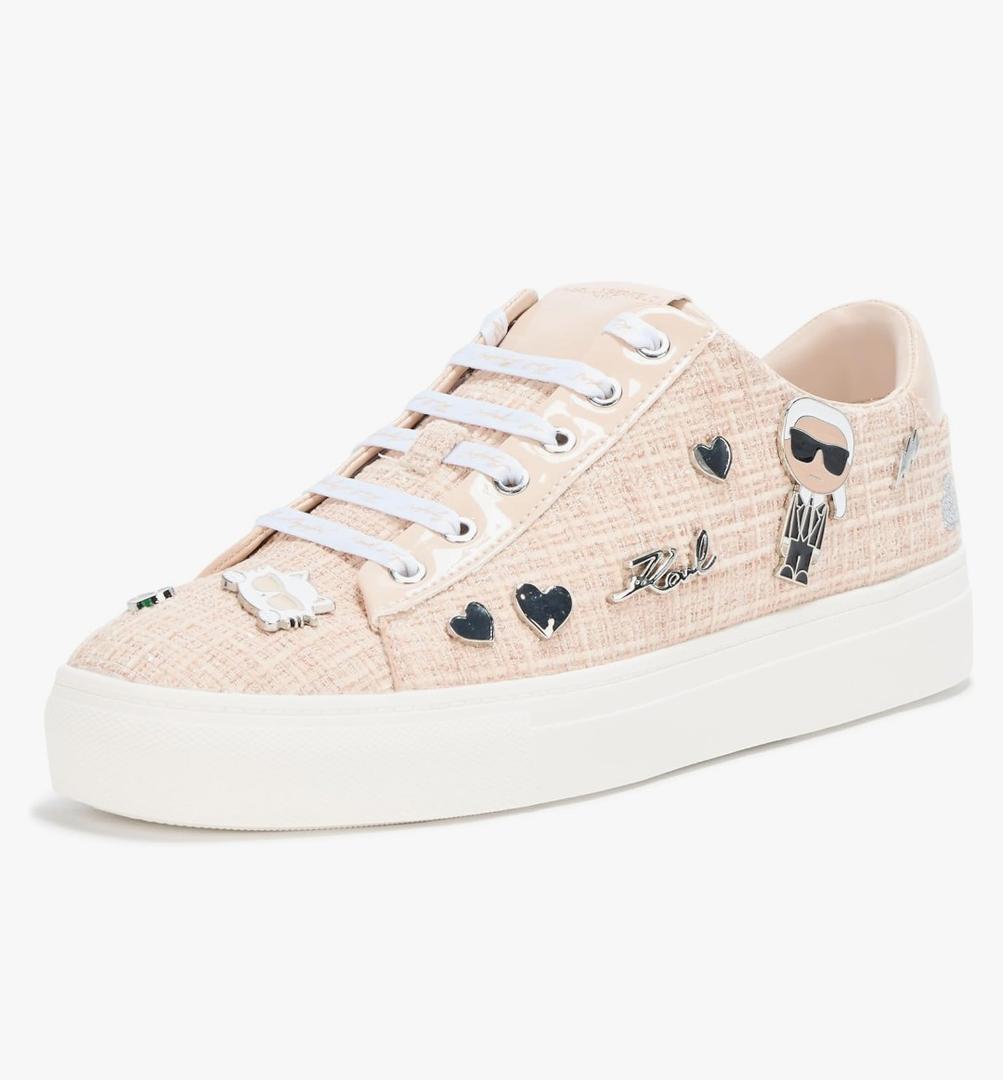 KARL LAGERFELD Women's Cate Pins Tweed Lace up Sneaker, Nude, 8.5