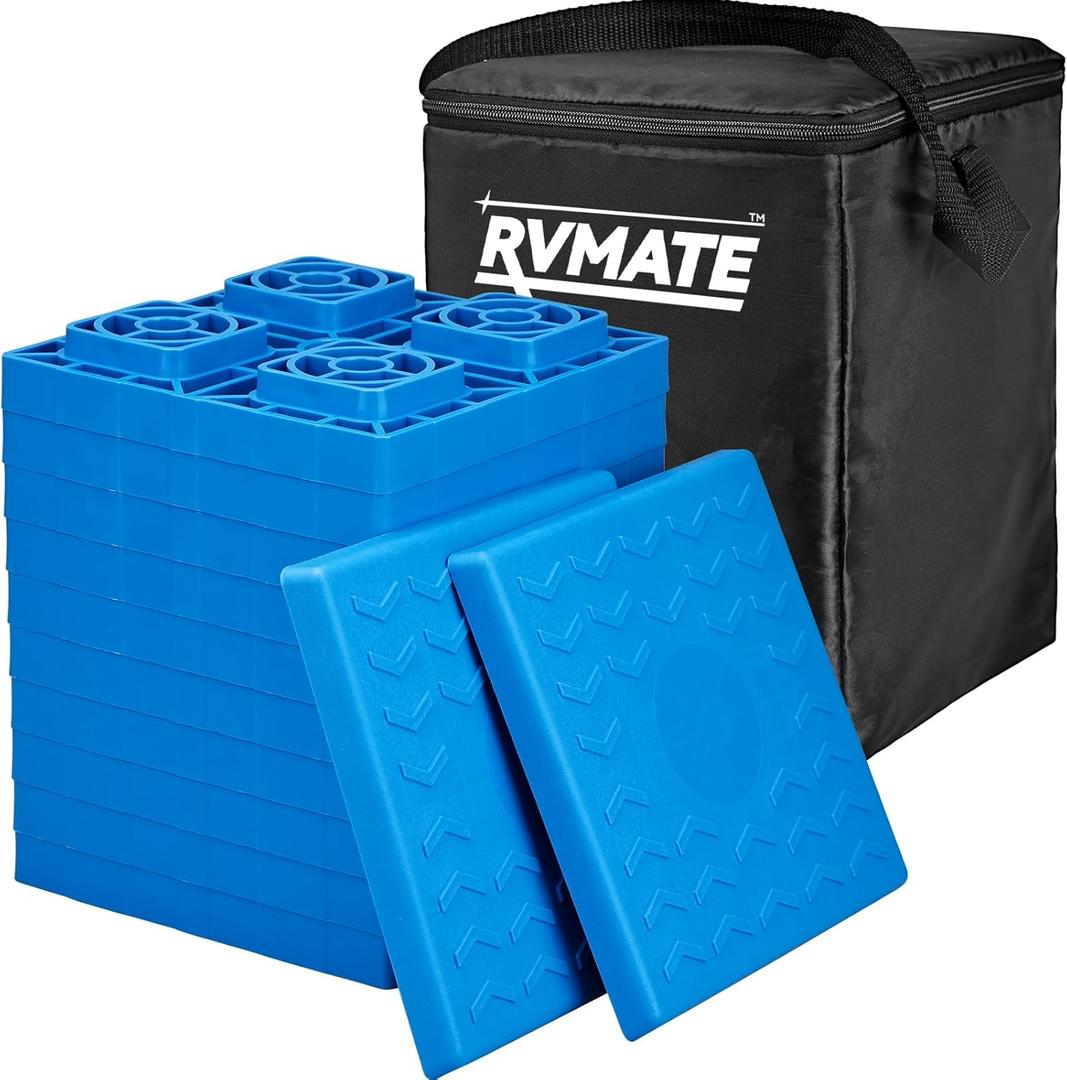 RVMATE 12 Pack RV Leveling Blocks, Heavy Duty Camper Leveling Blocks, Levelers for RVs, Reduce Trailer Movement, Trailer Leveling BlocksRV Leveling System Great for Single and Dual Wheels (Blue)