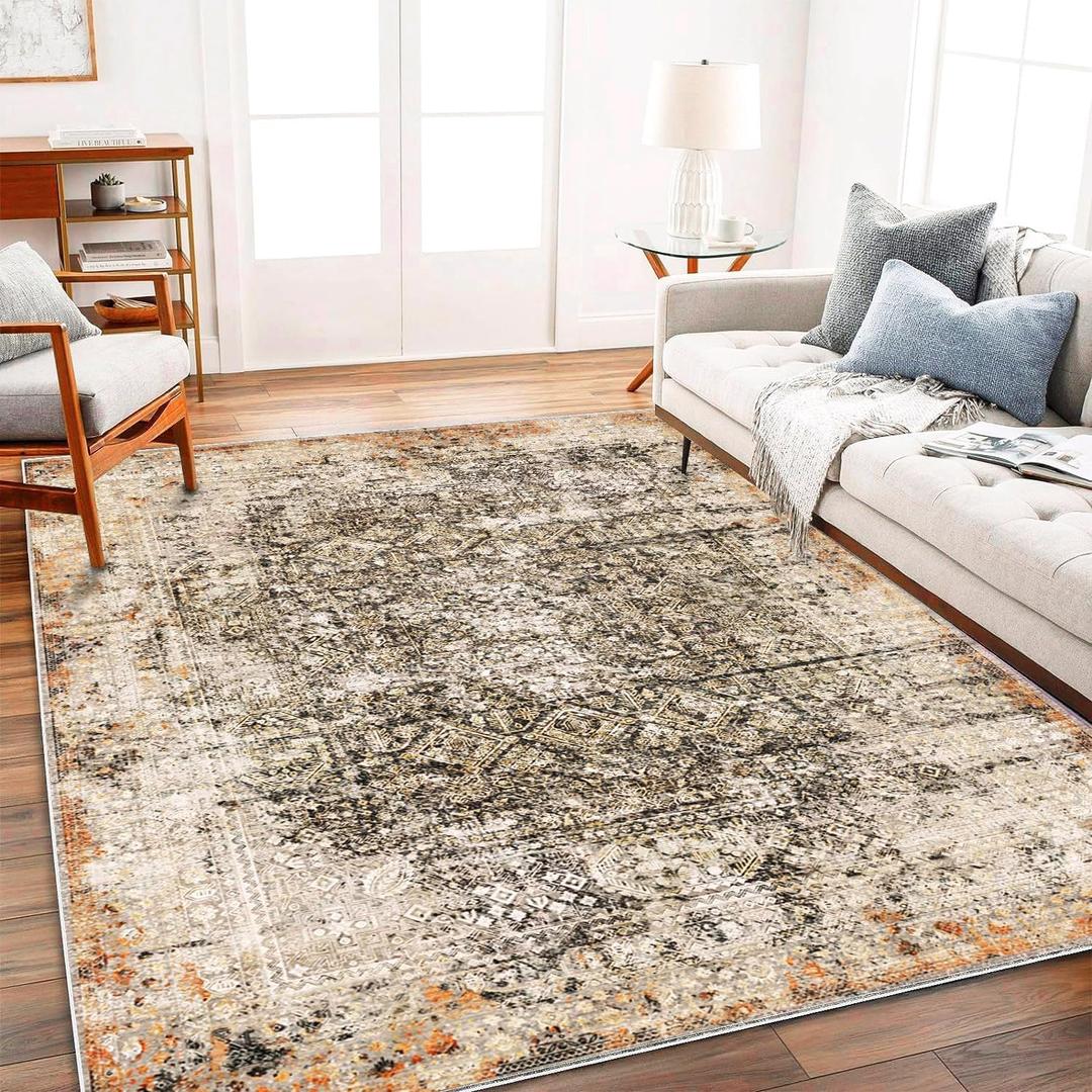 Area Rug 3'x5' Washable Vintage Traditional Floor Cover Foldable Thin Retro Accent Indoor Distressed Non Slip Carpet Floral Print Mat for Bedroom Living Room Bathroom (Khaki and Black)