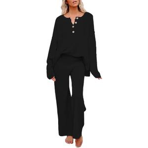 Pink Queen Women's 2 Piece Fall Outfit Lounge Set Long Sleeve Button Pullover Sweater Matching Wide Leg Pants Knit Sweatsuit (X-Large, Black)