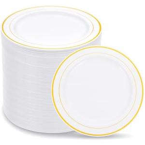 WELLIFE 144Pcs Gold Dessert Plates, 7.5 Inch Plastic Appetizer plates, Heavy Duty plastic Party Plates, White and Gold Plastic plate for Party and Wedding
