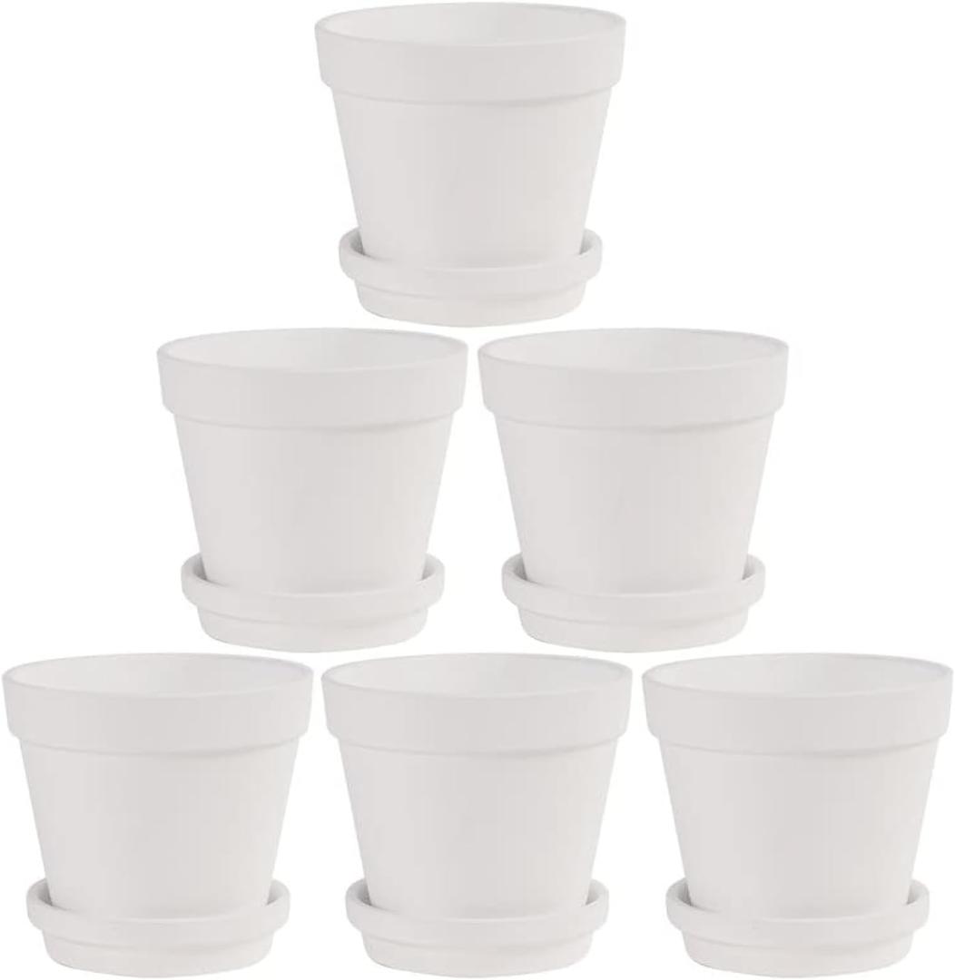 Fcacti 5.5 Inch White Clay Pot for Plant with Saucer - 6 Pack Large Terra Cotta Plant Pot with Drainage Hole, Flower Pot with Tray, Terracotta Pot for Indoor Outdoor Plant