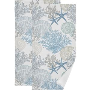 2 Pack Nautical Coastal Hand Towels Soft Absorbent Blue White Coral Starfish Seashell Beach Themed Bathroom Decor Guest Face Bath Towels,Decorative Ocean Towels for Bathroom,Kitchen 14"x28"