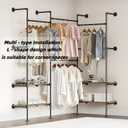 Industrial Pipe Clothing Rack, Wall Mounted Clothes Rack for Hanging Clothes, Retail Display Rack with Shelves, Add Corner installation Method (Black, III-2Tier)