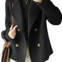 chouyatou Womens Fall Winter Casual Business Wool Blend Coat Loose Double Breasted Dressy Blazer Pea Coat (Black, XL)