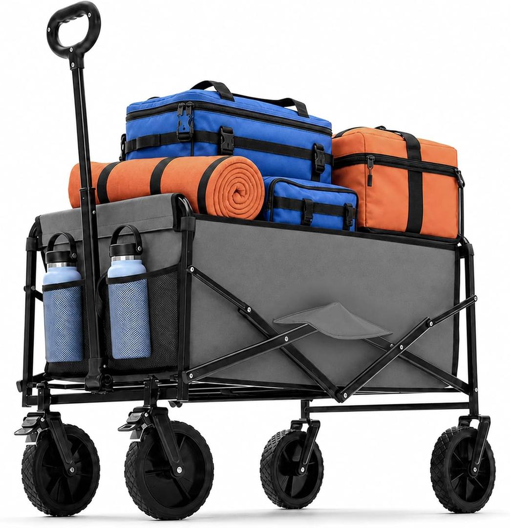 DUMOS Collapsible Wagon Cart, 330lbs Capacity, Gray | Heavy Duty Foldable Utility, Detachable Brake Wheels, Flexible Handle for Beach Garden Sports Grocery Camping