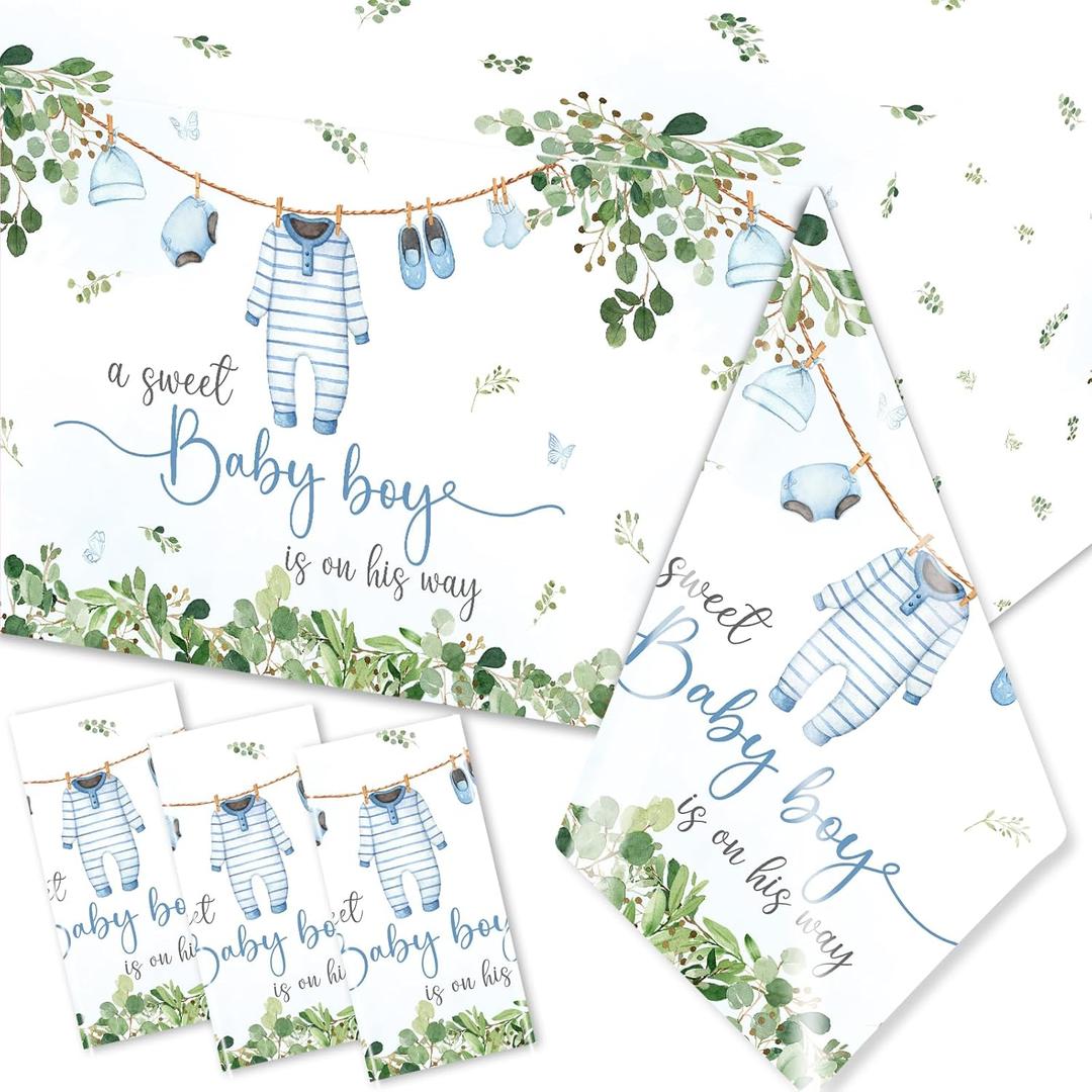 7 x 3 Pack Baby Shower Tablecloth Decoration,Watercolor Greenery A Sweet Baby Boy Is On The Way Baby Shower Decoration,Waterproof Greenery Baby Shower Tablecloth for Boy Gender Reveal Party Decoration