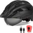 Adult Bike Helmet with Visor and Goggles for Men Women Mountain Road Bicycle Helmet Rechargeable Rear Light Cycling Helmet (L: 57-61 cm (22.4-24 inches), Black)
