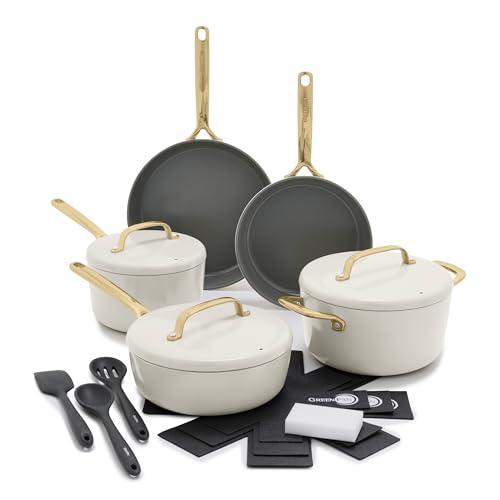 GreenPan GP5 14 Piece Cookware Pots and Pans Set, Hard Anodized Healthy Ceramic Nonstick PFAS-Free, Champagne Handles, Heavy Gauge, Stay-Flat Surface, Induction, Dishwasher and Oven Safe, Cream