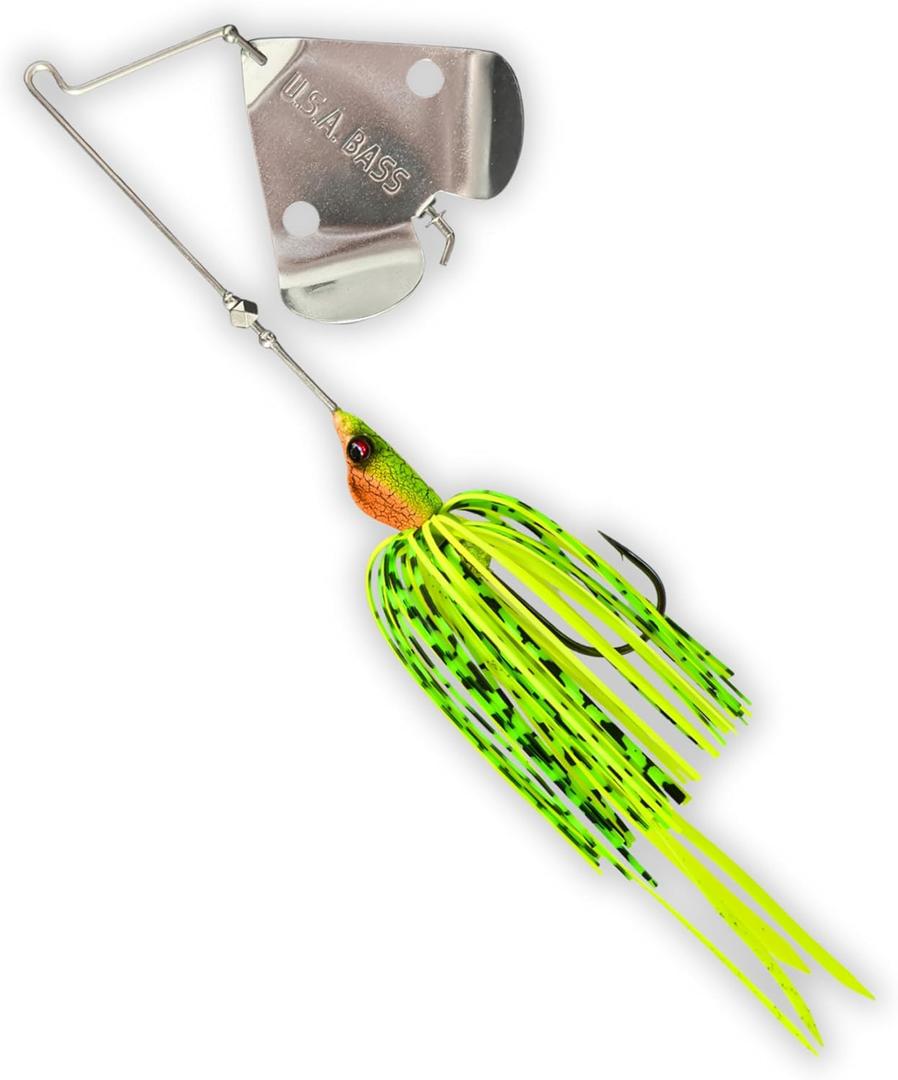 USA BASS Tackle Stiletto Buzzbait Largemouth Smallmouth Spotted Bass Premium Fishing Bait Hover Head Custom Silicon Skirt Mega Bubble Blade Clacker Heavy Duty Hook (1/2oz, Fire Tiger)