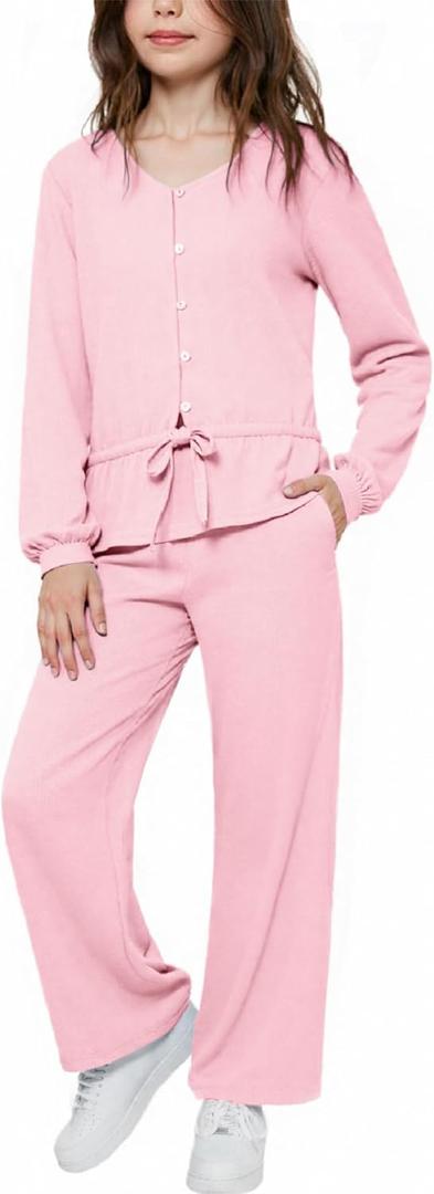 Girls Fall Outfits Tie Knot Crop Tops Wide Leg Pants with Pockets 2025 Winter Sets Active Wear (Pink)