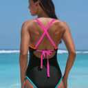 popvil Women's One Piece 2025 Tummy Control Swimsuits Neon Color Block Swimwear Deep V Neck Slimming Bathing Suit (Black, XL)