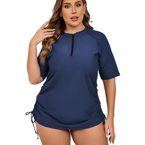 Halcurt Women's Plus Size Half Zip Short Sleeve Rash Guard Swim Top Drawstring Swim Shirt UPF50+ Swimsuit 4X