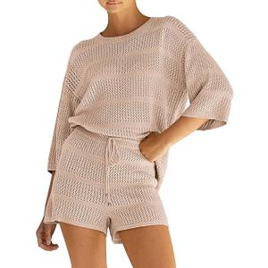 PRETTYGARDEN Women's Summer 2 Piece Cover-up Knit Swimsuit Short Sleeve Tops Shorts Sets Bathing Suit Beach Outfits Size M Color Beige