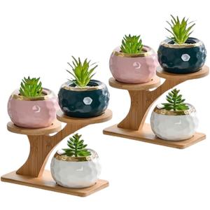 2-Pack Bamboo Mini Plant Stands for Window Sill & Desk, Small Indoor Decorative Shelves - Lightweight Space-Saving Home Office Decor for Living Room, Bedroom, Tabletop