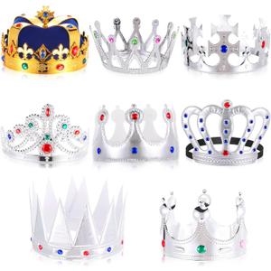 Yingzhao 8 Pcs Royal King Crown for Kid Plastic Queen Prince Princess Crown Jeweled Costume Accessory for Adult Boy Girl (Silver)