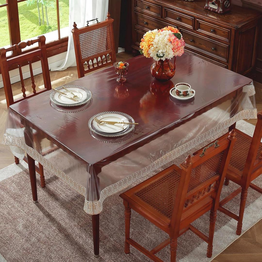 Clear Table Cover Protector Rectangle Waterproof Vinyl Tablecloth with Lace Macrame, Wipeable PVC Plastic Table Cloth for Party Dining Tables, Kitchen Home.(Golden Edge,52 x 70 in)