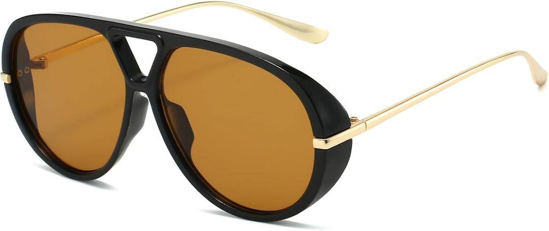 PORADAY Oversized Aviator Sunglasses for Women Men Retro Large Frame Shield Sun Glasses Trendy Vintage Shades(Black/Brown)