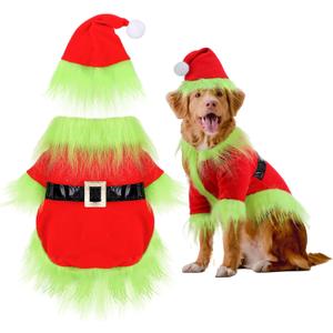 Abbylike Dog Christmas Outfit Holiday Pet Character Green Hoodie Shirt with Hat for Dogs and Cats Christmas Pet Clothes Cute Dog Christmas Outfit Cosplay Party as Shown(Vivid, XL) (XL (Neck:17.32 Chest:22.04 Back :16.53))
