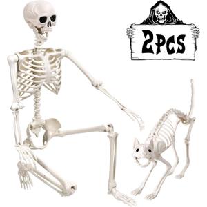 5.4Ft Halloween Life Size Human Skeletons with Cat Skeleton, Plastic Human Realistic Poseable Skeletons Full Body Bones with Movable Joints for Halloween Props Spooky Party Decoration
