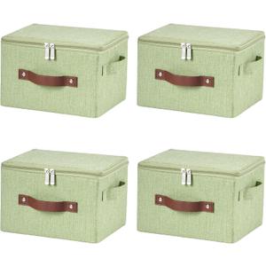 4 Pack Storage Bins with Zipper Lid Cotton Linen Fabric Lidded Storage Baskets Boxes Foldable Washable Closet Shelf Clothes Organizer Container with PU Leather Handles (Green, Small)