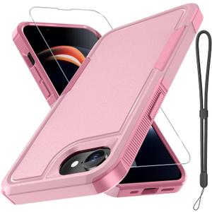 RMOCR for iPhone 16e Case & iPhone 17e Case, with Screen Protector,Military Grade Heavy Duty Shockproof Phone Cover with Wrist Lanyard Strap for iPhone 16e & iPhone 17e,Cute Pink