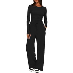 Darong Women's 2 Piece Outfits Lounge Sets 2026 Long Sleeve Tops Wide Leg Pants Casual Matching Set (Black, M)