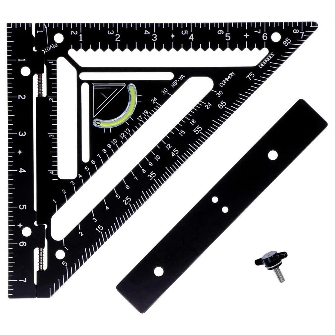 Rafter Square, 7.5 Inch Adjustable Carpenter Square Tool, Aluminum Rafter Square with Level, Scribe Notch, and Pivot Point for Precise Marking and Layout, Triangle Ruler