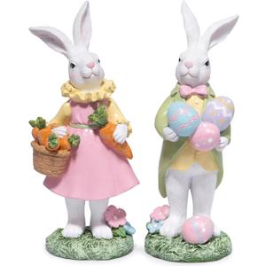 Hodao Easter Bunny Decoration Spring Rabbit Decor Gifts Handcrafted Resin Figurines Colorful and Charming Spring Decor for Home, and Holiday Celebrations (Set of 2) (White)