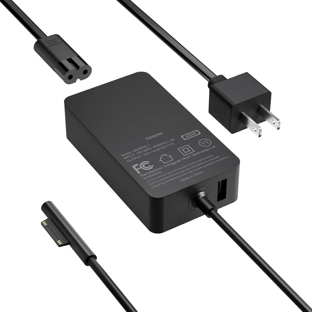 65W Charger Compatible with Microsoft Surface Pro 11, 10, 9, 8, 7+, 7, 6, 5, X, Laptop 7/6/5/4/3/2/1/Studio, Go 4/3/2/1, Book 3/2/1, Support 44W 36W, 10FT