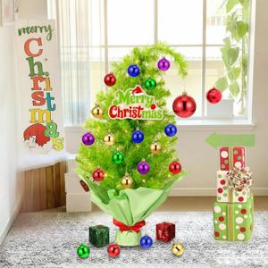 Realspring 2 ft Whimsical Tabletop Christmas Tree Small Bendable Artificial Lime Green Christmas Tree Decor with 21 Balls & Light & Hanging Ornaments Elf Xmas Holiday Decor for Home Office Fireplace