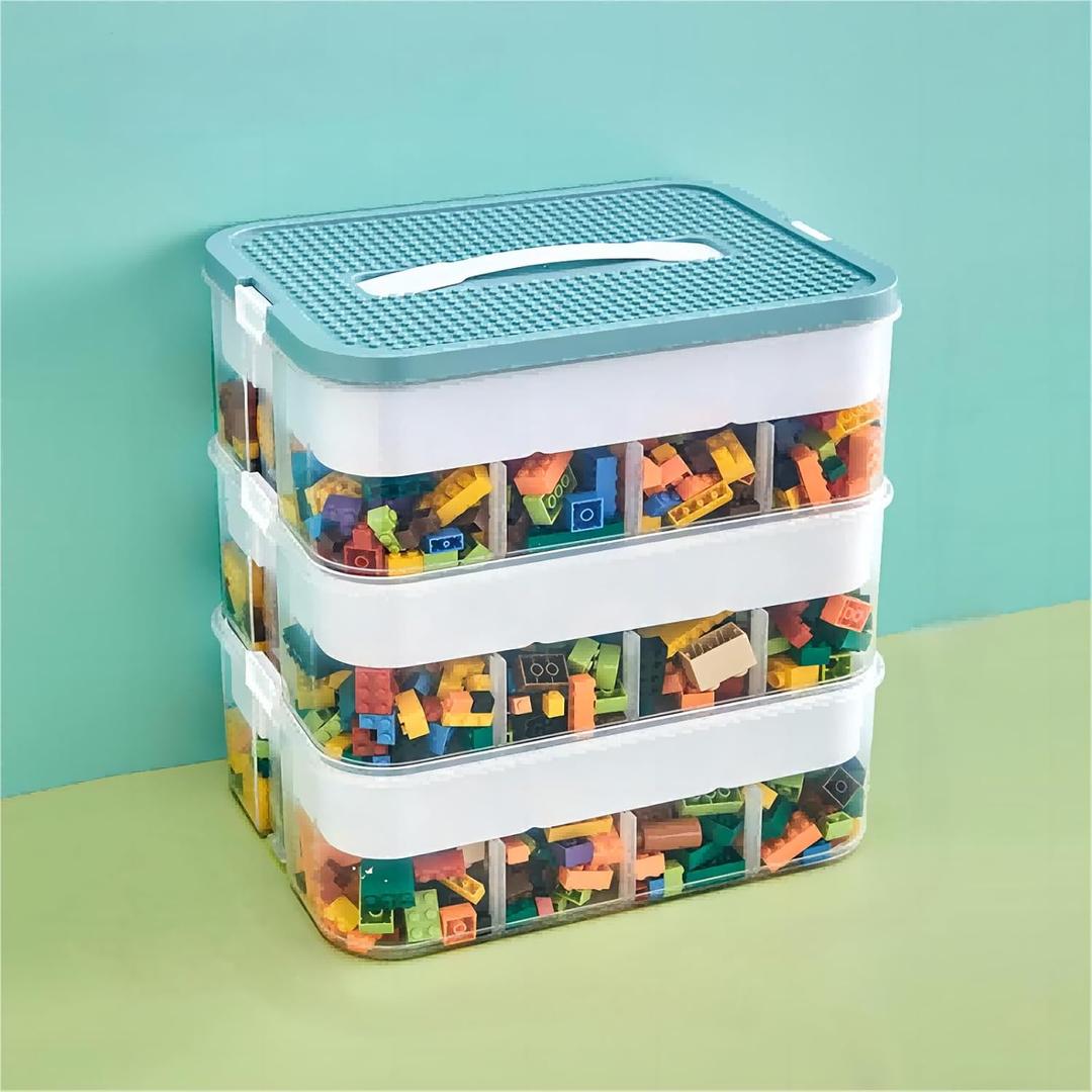 Toy Storage Organizer for Lego, 3 Tier Stackable Storage Bin Transparent Building Bricks Puzzle Craft Plastic Container Organizing Sorter for Kids, Green (Large)