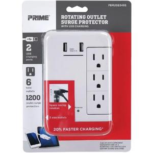 Prime PBRUSB346S 6-Outlet Wall Tap with 1,200-Joule Surge Protection and Dual USB Charger