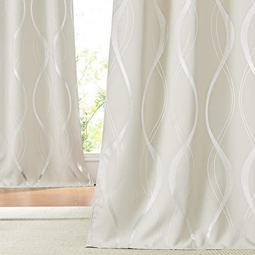 NICETOWN Extra Long Blackout Curtains for Large Window, Beige, 52" Width x 120" Length, 2 Panels, Foil Printed Wave Lines Energy Saving Thermal Insulated Draperies for Kids Nursery Boys Bedroom