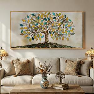 Large Framed Tree of Life Wall Art for Living Room, Modern Farmhouse Neutral Tree Canvas Painting Prints Artwork for Walls, Rustic Retro Picture for Bedroom Kitchen Office Hallway Wall Decor, 30x60