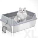 Stainless Steel Litter Box with High Sides,23.60" L X 15.7" W X 7.8" H,Extra Large Jumbo Cat Litter Box,XL Kitty Metal Litter Boxes for Indoor Big Cats,Non-Sticky,Anti-Leakage (Grey)