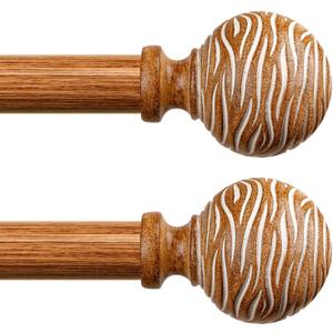 TKZTKZ 2 Pack Boho Wood Curtain Rods for Windows 36-88",1 Inch Heavy Duty Wooden Curtain Rod Set of 2,Decorative Rustic Farmhouse Drapery Rods for Bedroom Living Room (Iron Rod with Wood Grain Finish)