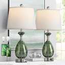 Coastal Glass Table Lamps Set of 2, 3-Way Dimmable Touch Control Nautical Lamp with USB A+C Ports,Bedside Lamp Beach Decor,Nightstand Lamp with White Shade for Living Room Bedroom(LED Bulbs Included)