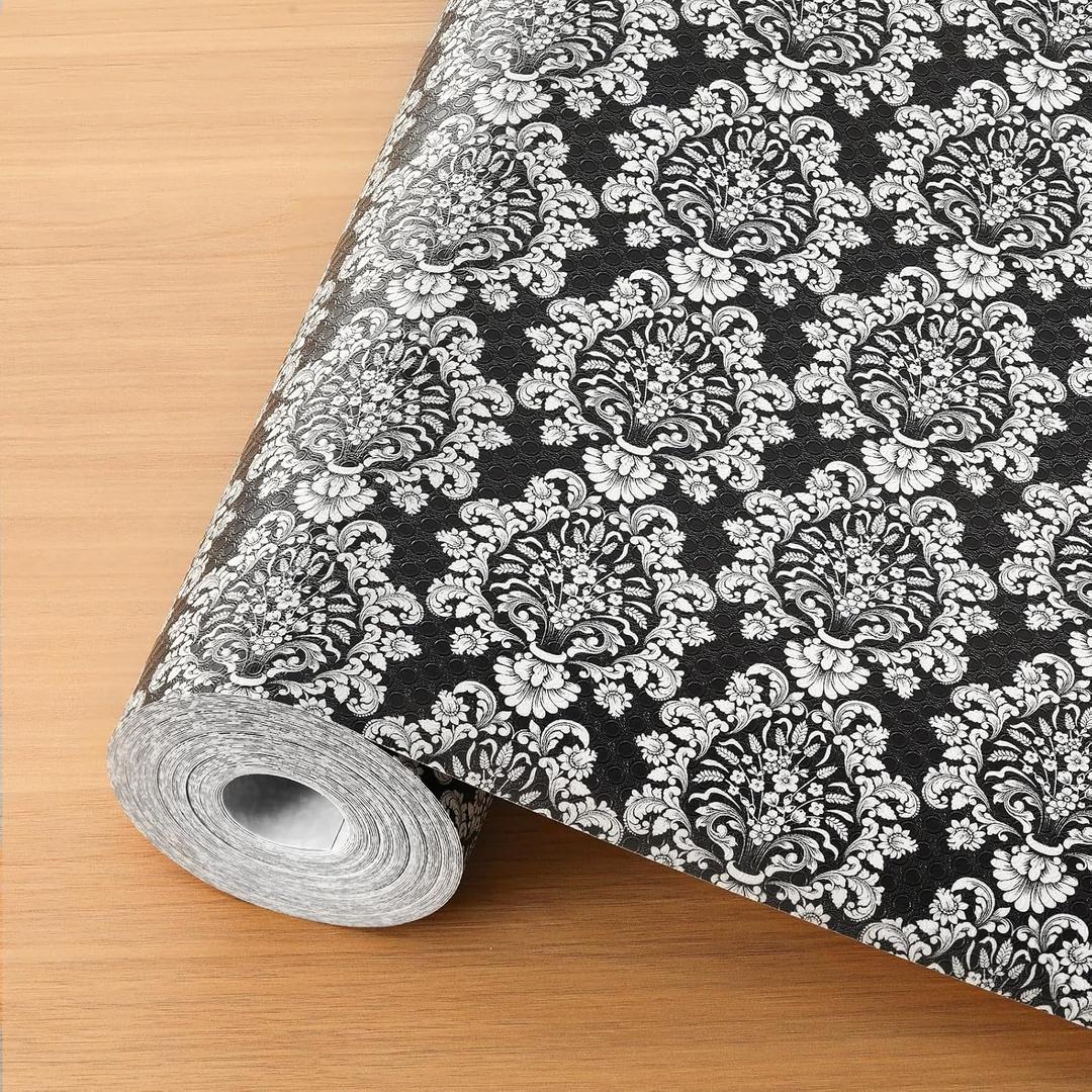 Cooyes Shelf and Drawer Liners for Kitchen Cabinets, Non-Adhesive Cabinet Liners, EVA Waterproof Durable Shelf Paper for Refrigerator, Shelves, Cupboard with European Pattern, Easy to Cut (17.5"W x 78.7"L, White Black)