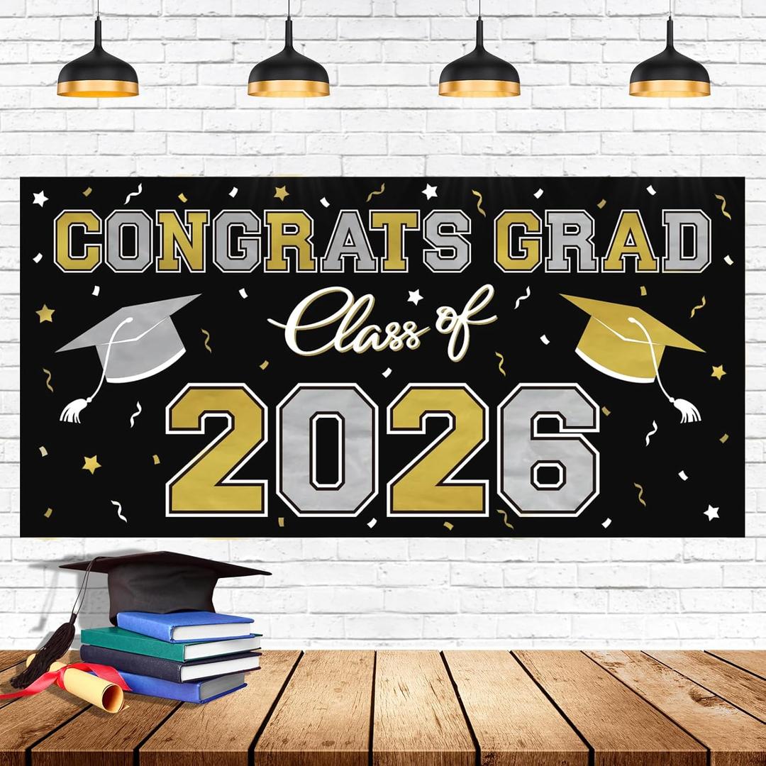8 x 2026 Graduation Party Plastic Backdrop - 65" x 32.7" Congrats Grad Banner in Black, Large Class of 2026 Decorations, Photography & Grad Party Supplies