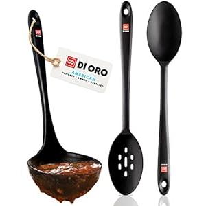 DI ORO Silicone Ladle & Spoons for Cooking – Large Kitchen Spoons for Mixing, Serving, & Stirring - Soup Ladle with Wide Bowl - High Heat Silicone Kitchen Utensils for Nonstick Cookware Safe (Black)
