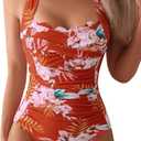 Eomenie Women One Piece Tummy Control Swimsuit Halter Scallop Trim Bathing Suits 1 Piece Vintage Ruched Slimming Swimwear (Large, Orange White Floral Printed)