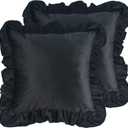 Jemiipee Velvet Ruffle Throw Pillow Covers Couch, Set of 2 Decorative Pillowcases with Ruffles 20x20 Inch Solid Color Shabby Chic Farmhouse Cushion Cover for Living Room Sofa Bed, Black