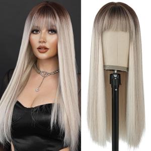 7JHH WIGS 26inch Long Straight Wig with Bangs Platinum Blonde Wig Heat Resistant Ombre Blonde Synthetic Wig with Dark Roots Make Natural Looking Wigs for Women Party Cospaly Wig and Daily Used