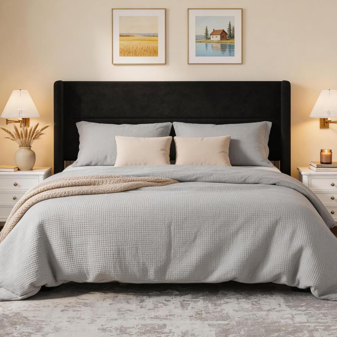 IDEALHOUSE King Size Bed Frame with Tufted Wingback Headboard, Velvet Upholstered Platform Bed with Strong Wood Slats, No Box Spring Needed, Easy Assembly, Black