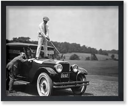 Poster Master Vintage Golfer on Top of Antique Car Poster - Retro Sports Print - Classic Car Art - Golf Art - Gift for Men & Women - Funny Decor for Bedroom or Living Room - 8x10 UNFRAMED Wall Art
