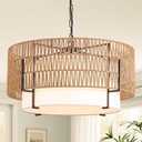 6-Light Large Rattan Chandelier for Dining Room, 25.6" Boho Pendant Light
Hand-Woven Wicker, Drum Design with Linen Shade, Bohemian & Coastal Style, for Living Room, Bedroom, Foyer, Hallway