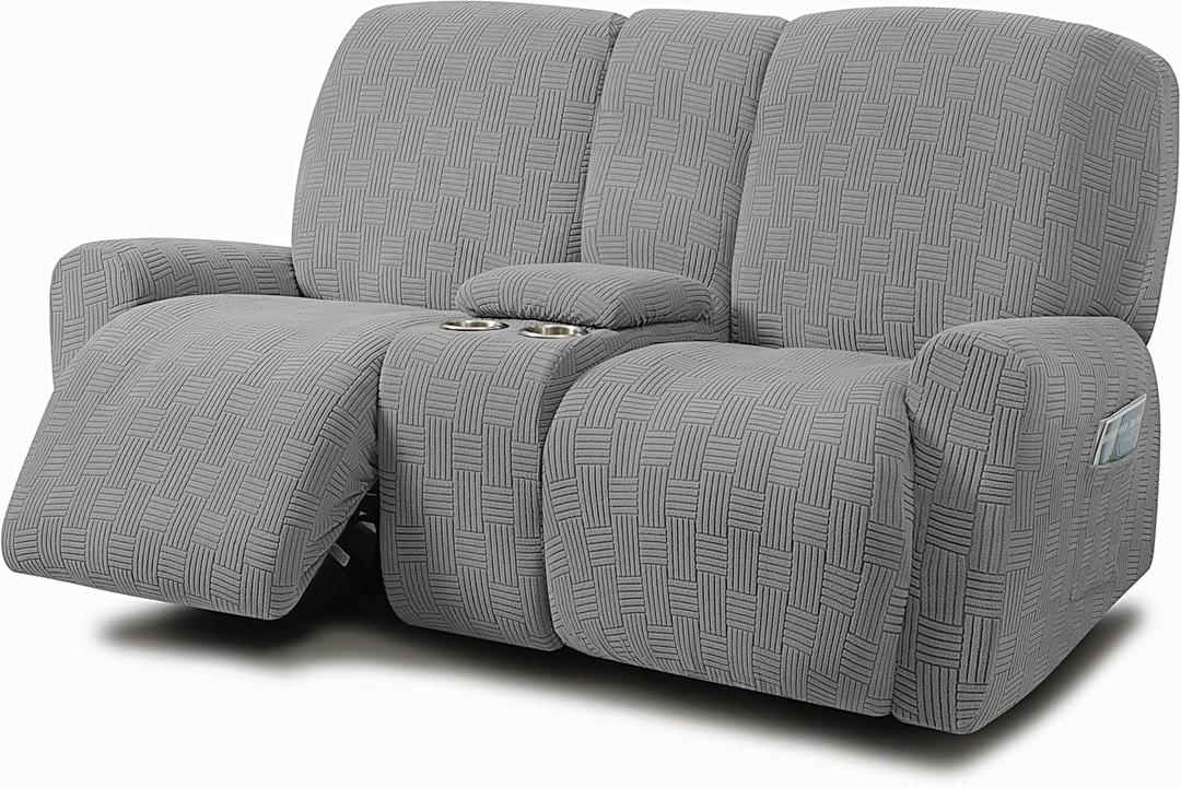 ULTICOR Jacquard Design Reclining Loveseat with Middle Console Slipcover, 8-Piece Stretch Sofa Covers, 2 seat Loveseat Recliner Cover, Washable (Style 4) (Light Grey) (Loveseat With Console Recliner Cover)