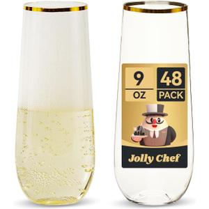JOLLY CHEF 48 Pack Plastic Champagne Flutes, 9 oz Clear Stemless Champagne Flutes, Plastic Champagne Glasses with Golden Rim, Shatterproof Recyclable Mimosa Glasses for Party Wedding Birthday