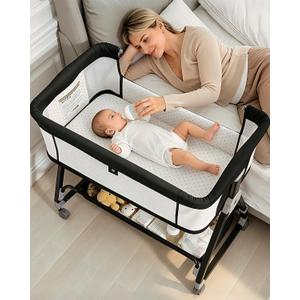 Baby Bassinets Bedside Sleeper with Wheels and Mattress, Cosleeping Baby Bed with Storage, Co-Sleeper Bassinet Attach to Bed, Bed Side Crib with Breathable Mesh, Height Adjustable (Black), 35.4‘’L*21.7''W*28''-32.7''H